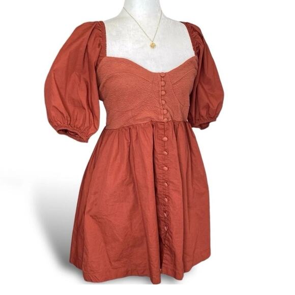 NEW Maeve Puff-Sleeved Sweetheart Mini Dress Burnt Sienna S - Picture 5 of 11
